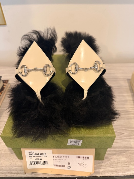 Gucci Shoes - Gucci Cream Leather Fur-Trim Horsebit Mules